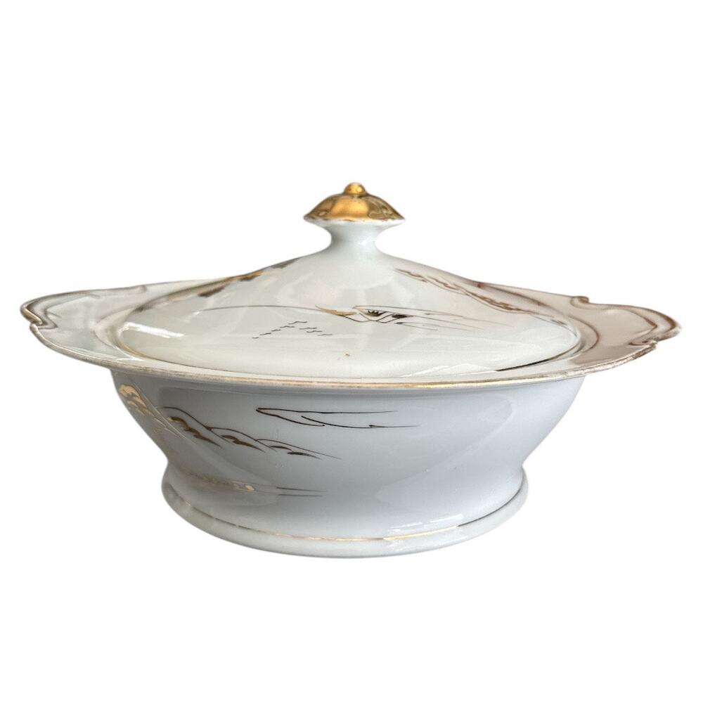Japanese Kutani Serving Bowl with Lid White Gold - Picture 5 of 10
